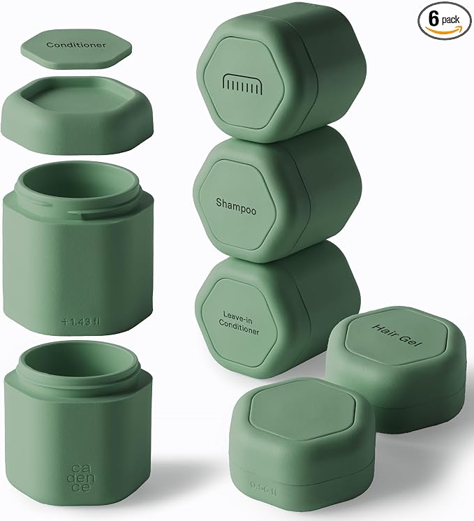 Cadence Travel Containers - 6 Piece Haircare Set - Magnetic Travel Capsules - 2 Small & 4 Medium Capsules - Shampoo, Conditioner, Leave-In Conditioner, Comb, Hair Serum, Hair Gel Labels - Eucalyptus by KeepYourCadence