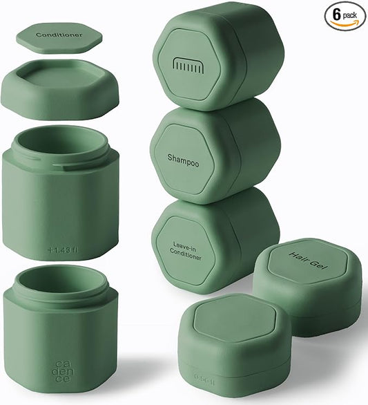 Cadence Travel Containers - 6 Piece Haircare Set - Magnetic Travel Capsules - 2 Small & 4 Medium Capsules - Shampoo, Conditioner, Leave-In Conditioner, Comb, Hair Serum, Hair Gel Labels - Eucalyptus by KeepYourCadence