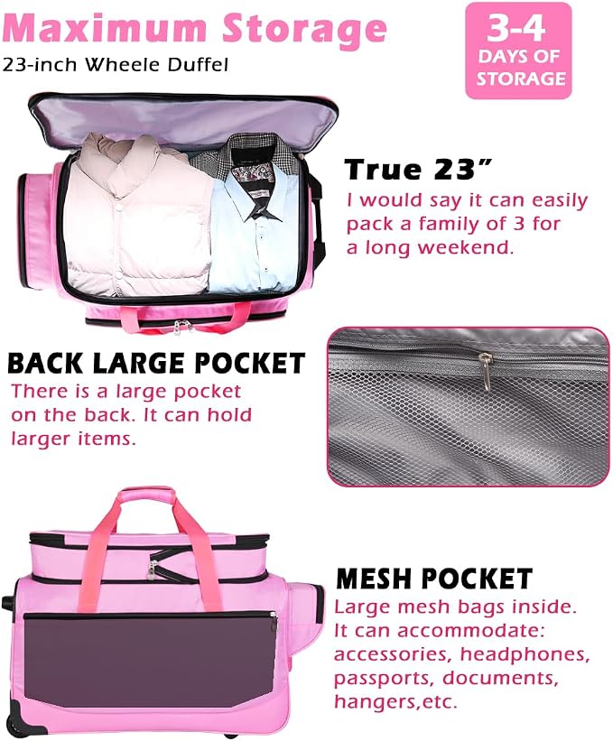 Dance Bag with Garment Rack,23inch Dance Competition Garment Bags with Clothes Rack,Suitcase,Rolling Duffle for Travel, Wheeled Drop-Bottom Upright Luggage Closet Suitcase(Expand-Pink - Image 6