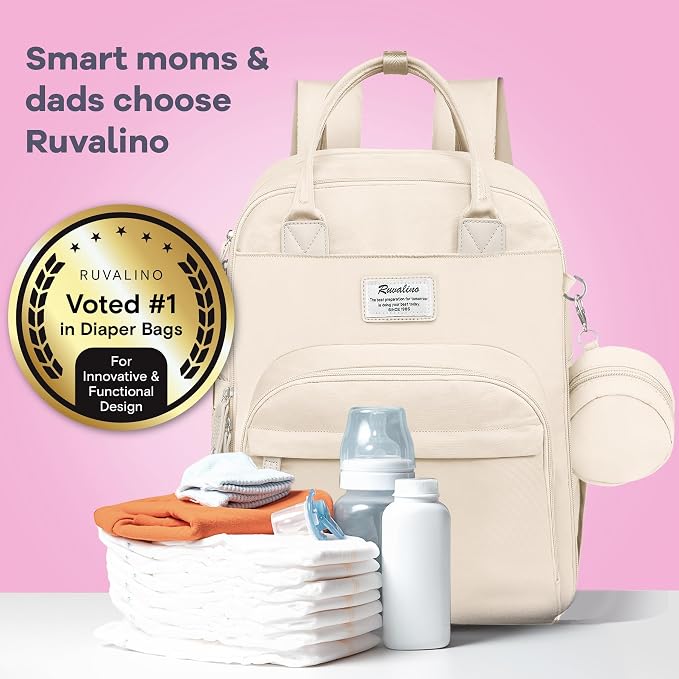 RUVALINO Diaper Bag Backpack-Multifunction Baby Travel Bag with Changing pad, Insulated Bottle Holders & Pacifier Case, Large Capacity, Waterproof, Beige - Image 7