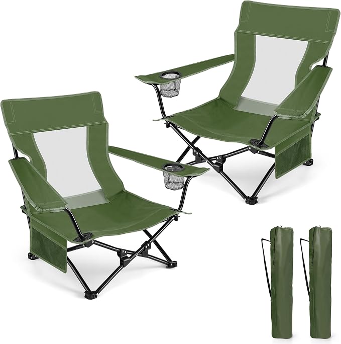 HaSteeL Folding Beach Chair Set of 2, Foldable Green Camping Chairs for Outside, Low Beach Chair Portable for Adults Fishing, Picnic, Outdoor BBQ, Travel, Sports, Cup Holder & Storage Bag by HaSteeL