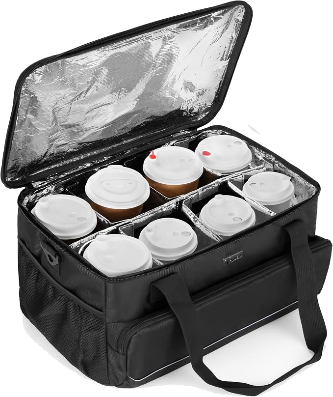 Trunab 8-Cup Drink Carrier for Delivery Insulated Tote Bag, Black | Adjustable Dividers, Handle & Shoulder Strap,Reusable for Beverages,Food Take Out,Outdoors by Trunab