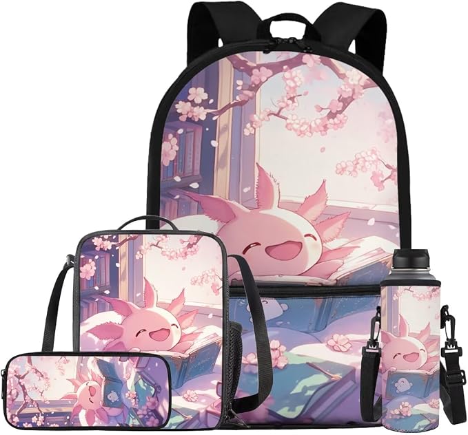 Cute Axolotl Backpack for Girls Kids Backpack with Lunch Box Water Bottle Holder with Strap and Large Pencil Case 4Pcs Set Bookbag with Front Pocket for School 17" Sturdy Elementary School Bag by ELEDIZI