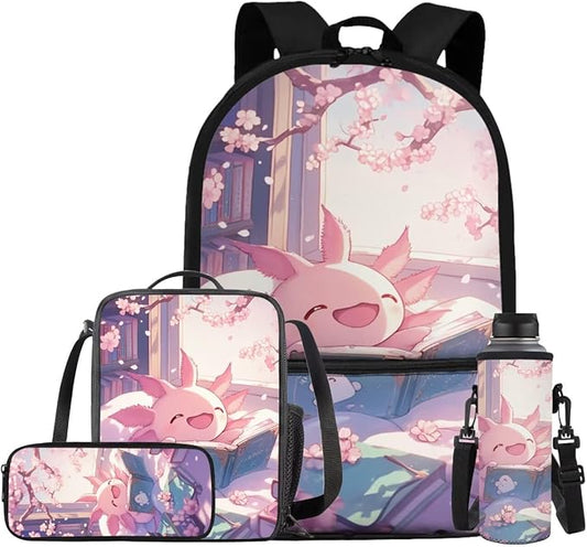 Cute Axolotl Backpack for Girls Kids Backpack with Lunch Box Water Bottle Holder with Strap and Large Pencil Case 4Pcs Set Bookbag with Front Pocket for School 17" Sturdy Elementary School Bag by ELEDIZI