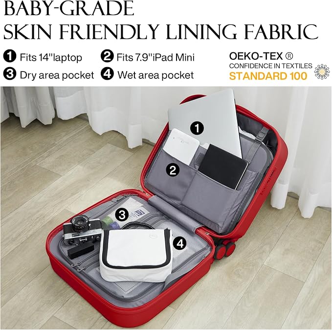 mixi Carry on Luggage, Suitcase with Spinner Wheels 16in Luggage Hardshell Lightweight Rolling Suitcases PC with Cover & TSA Lock, Red - Image 5