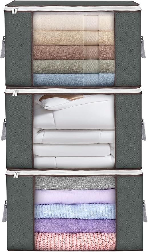 Large Storage Bags, 3 Pack Clothes Storage Bins Foldable Closet Organizers Storage Containers with Durable Handles Thick Fabric for Blanket Comforter Clothing Bedding 90 L (Gray) | Foldable Storage Containers, with Reinforced Handle, for Clothing, Blan... by BuddingJoy-BuildaJoyfulLifeforYou