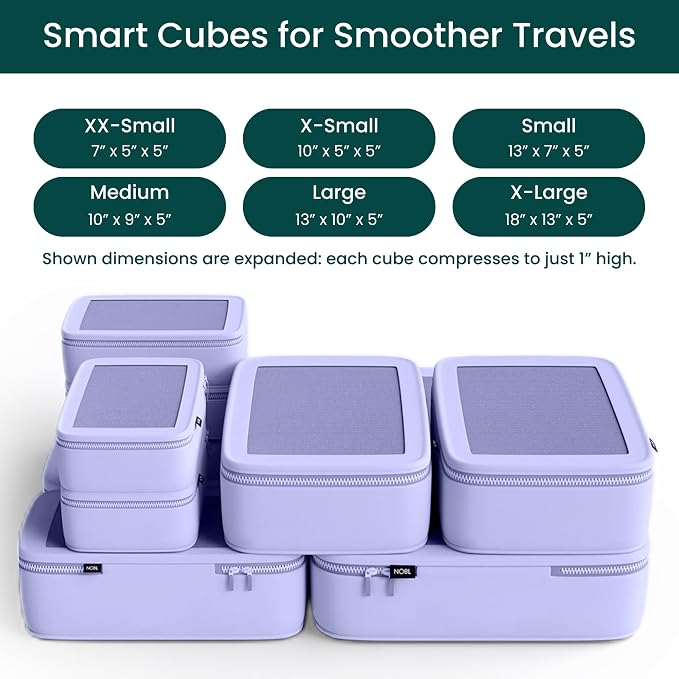 NOBL Travel Compressible Packing Cubes Set, 6 Pieces Travel Packing Organizers, Compression Luggage Cubes for Suitcases & Carry On, Space Saving (XXS, XS, S, M, L, XL) - Lavender - Image 2