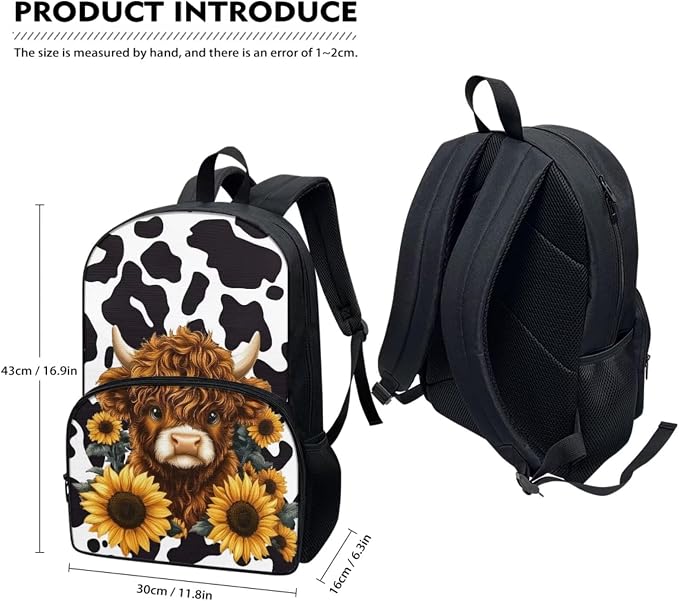 Highland Cattle Sunflowers Big Student Hiking Backpack Black White Cow Print Travel Bookbag Storage Lunch Tablet Tote Bag Water Cup Sleeve for Girls Boys Kids Teens Students, 4 Pack - Image 5