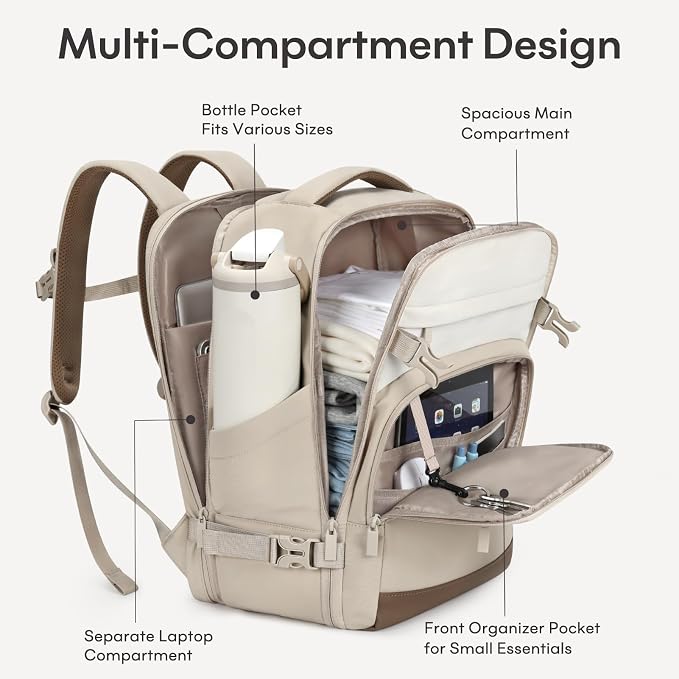mibasies 30L Travel Backpack for Women & Men: Flight Approved Carry On Backpack, TSA Personal Item Bag with Water Bottle Pocket, Weekender Essentials Backpacks fits 15.6" Laptop - Khaki Ivory - Image 3