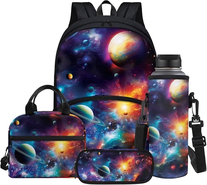Colorful Space Planet Print 17 Inch Backpack for Kids Large Capacity Bookbag with Thermal Insulated Lunch Box Pencil Case & Water Bottle Cover 4 in 1 by Glomenade