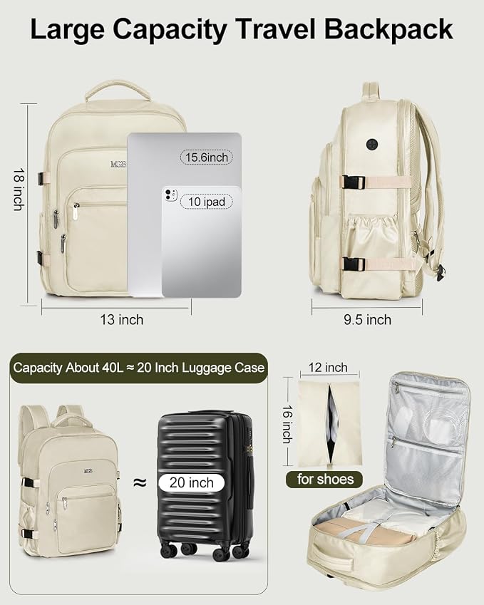 Travel Backpack for Women & Men, Carry On Personal Item Bag Flight Approved, Large Waterproof Laptop Backpack for Travel, Overnight, College & Commuting Beige - Image 7