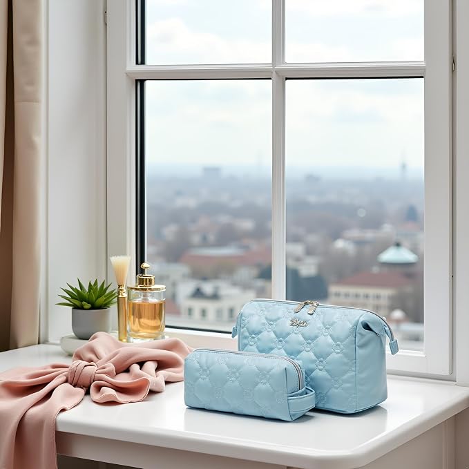 BOYATU Travel Makeup Bag Cosmetic Pouch: 2 Pcs Set Waterproof Vegan Leather Cosmetic Bags for Women - Cute Quilted Skincare Make up Toiletry Bag for Girl (04-Blue) - Image 7