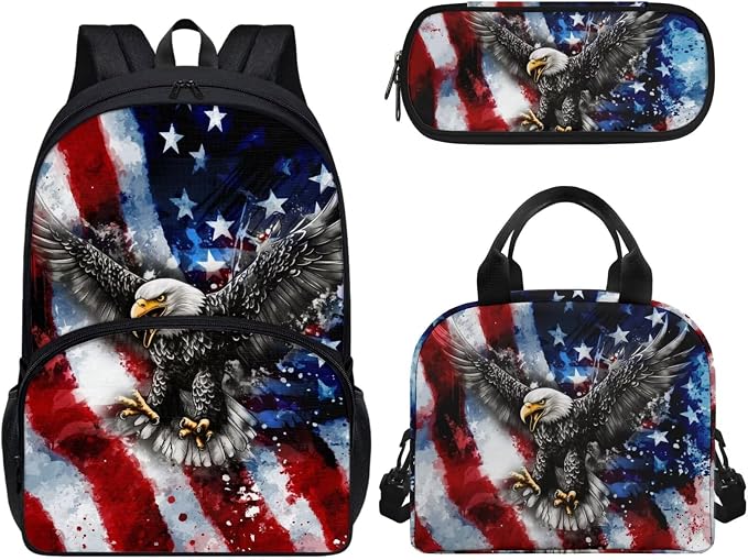 American Flag Eagle Star Backpack Bookbag with Front Pocket Kids Preschool Elementary Bookbag with Lunch Box Pencil Case Set of 3Pcs Daypack Sackpack Blue by Wideasale
