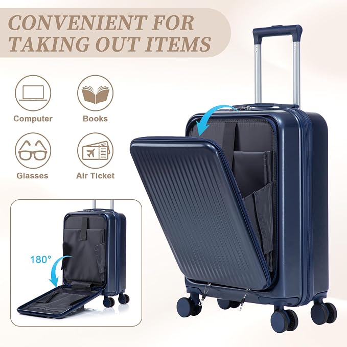 GDFStudio 14/20 Inch 2 Piece Luggage Set with Front Opening Design, ABS Hard Shell Spinner Suitcase with Combination Lock,360° Silent Wheels, Retractable Handle, and 14” Portable Cosmetic Case,Navy - Image 3