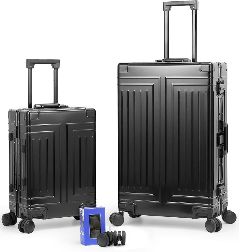 All Aluminum Magnesium 20/28 Luggage set ，Cut from Whole Aluminum Sheet，22x14x9 Airline Approved ，（3rd Generation，Premium Magnesium Metal zipperless suitcase ） (black, 20+28inch) by KANGSHILU