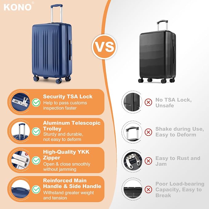 Kono Lightweight 28 Inch Expandable Luggage with Quiet Spinner Wheels TSA Lock, Scratch and Drop Resistant PC+ABS Hardside Durable Large Checked Suitcase, Navy Blue - Image 7
