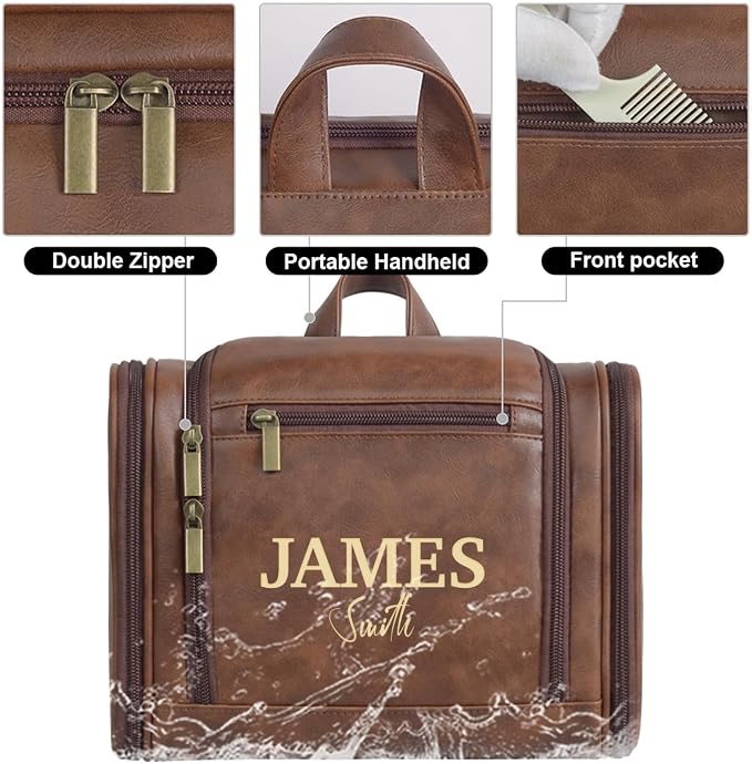 Personalized Leather Toiletry Bag, Brown, Three Layer Structure, Waterproof, Customizable Name Engraving, Travel Organizer for Men, Multi-Occasion Gift (UK1008) - Image 2