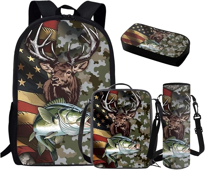 GIFTPUZZ Deer Fish American Flag Backpack 17 Inch Set Boys | Camo 4-Piece Lunchbox Combo, Water Bottle Sleeve, Elementary School Book Bags, Ages 8-10 by GIFTPUZZ