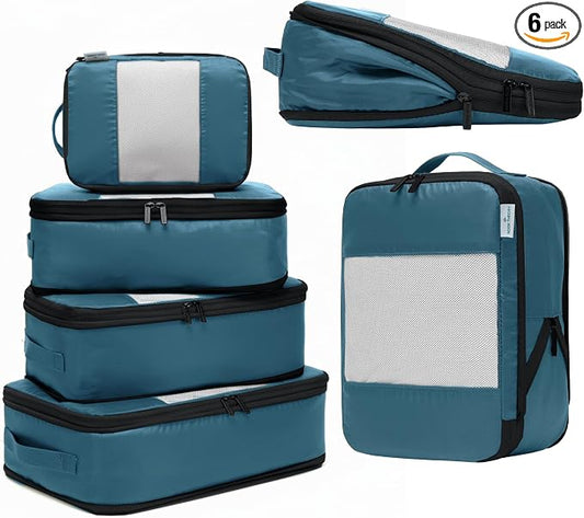 6-Pack Large Compression Packing Cubes for Travel - Lightweight Compression Packing Cube Set, Water-Resistant Luggage Organizer Bags & Suitcase Organizers, Travel Cubes for Carry-On, Checked Luggage by NookTheory