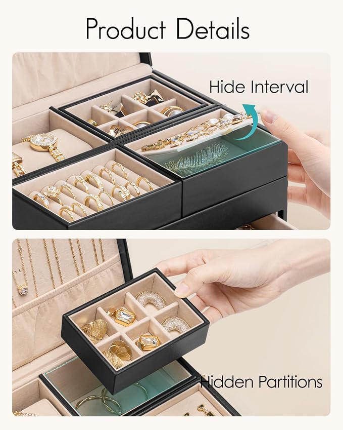 VLANDO 4 Layers Jewelry Box - Women Jewelry Box with Retractable Tray - Jewelry Organizer with Drawer for Necklaces, Rings, Bracelets, Earrings, Gift for Couples Mom Girls - Black - Image 6