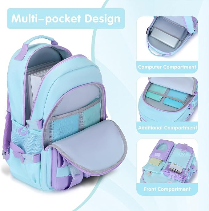 ACESAK Backpack for Girls with Headphones - Girls Backpack with Lunch Box, Pencil Case & Kids Headset - 3.5mm Wired Headphones for School Bookbag Schoolbag Set Back To School Gift (Blue Purple) - Image 3
