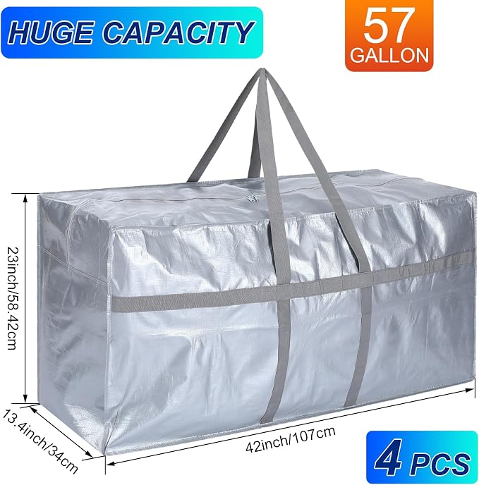 Windyun 4 Pack 57 Gallon Extra Large Moving Bags XXL Heavy Duty Storage Bag with Strong Zipper Handle Jumbo Big Tote Box Foldable for College Dorm Travel Clothes Duffle Blanket Pillow(Silver) - Image 2