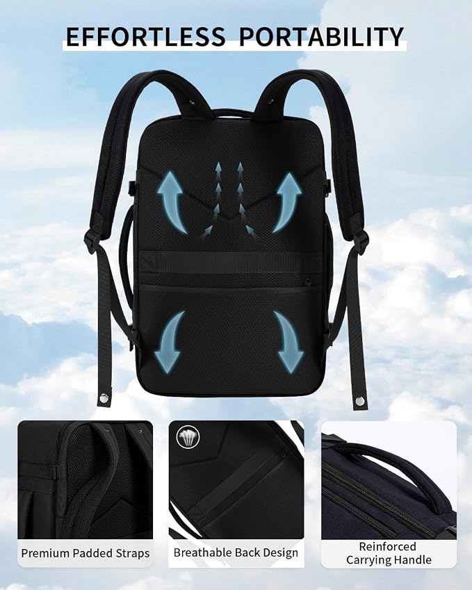 ECOHUB 19" Large Travel Backpack, Carry on Luggage Airline Approved, Water Resistant Rucksacks Fit 15.6" Laptop, AirTag Pocket, Lightweight Casual Daypack, 34L, Black - Image 7