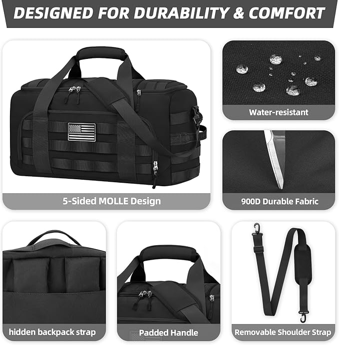 ZOMFELT Tactical Gym Bags for Men, 22x14x9 Carry On Luggage Duffle Bag for Travel, 3-in-1 Sports Basketball Soccer Bag with Removable Dividers & Shoe Compartment, Weekender Overnight Travel bag, Black - Image 4