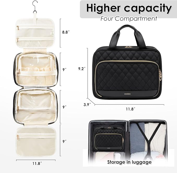 MDODO Travel Toiletry Bag for Women Hanging Water-Resistant Cosmetic Makeup Bag for Full Sized Travel Essentials Must Have (Black) - Image 2
