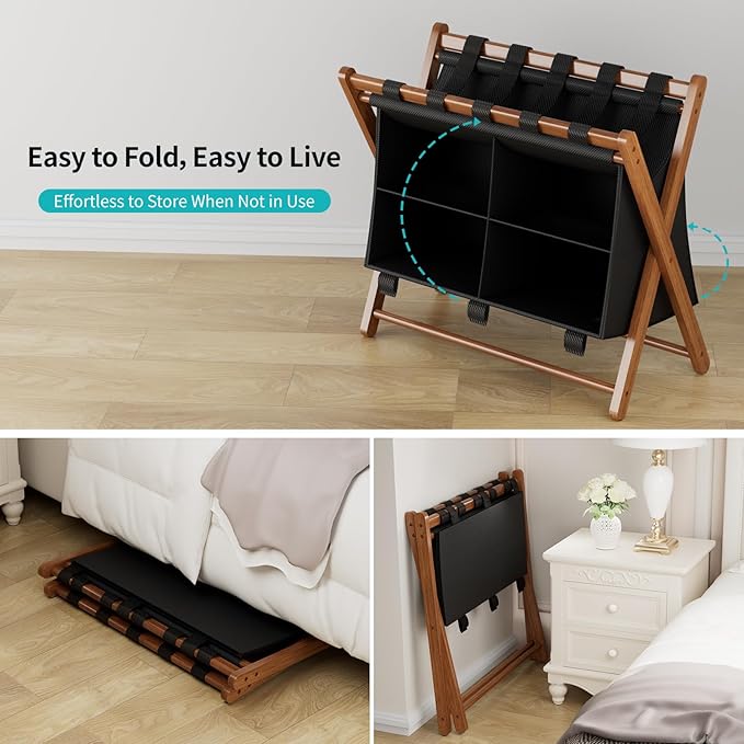 Bamboo Luggage Rack with 4 Storage Compartments, Foldable Suitcase Stand for Guest Room, 150lbs Capacity, Sturdy, Space-Saving and Easy to Assemble Organizer - Image 7