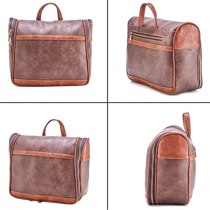 EURYNOME Hanging Toiletry Bag for Women and Men, Large PU Leather Toiletries Organizer, Water-resistant Bathroom Shaving Kit for Cosmetics, Makeup Case - Image 5