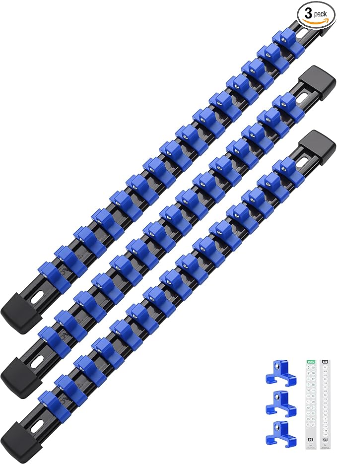 ALOANES 3PC ABS Socket Organizer, Socket Rails Fit 3/8 inch Drive | Portable Heavy Duty Socket Holders Hold up 45 Sockets for Toolbox Drawer Bags(Blue) by Aloanes