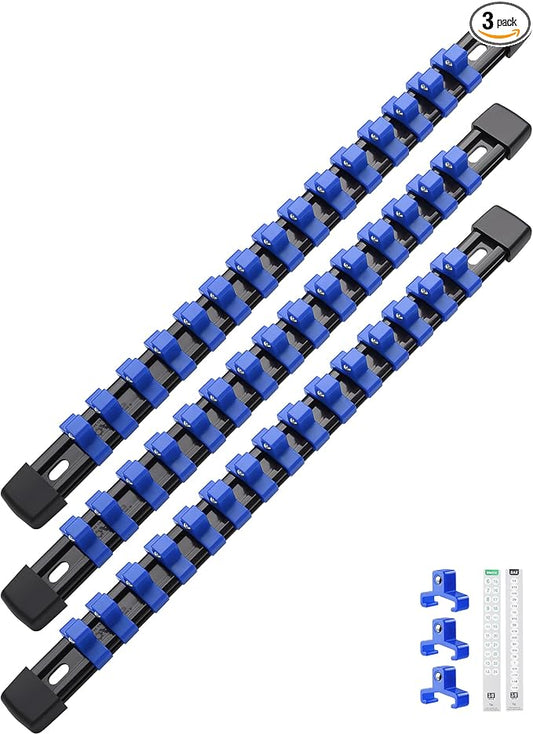 ALOANES 3PC ABS Socket Organizer, Socket Rails Fit 3/8 inch Drive | Portable Heavy Duty Socket Holders Hold up 45 Sockets for Toolbox Drawer Bags(Blue) by Aloanes
