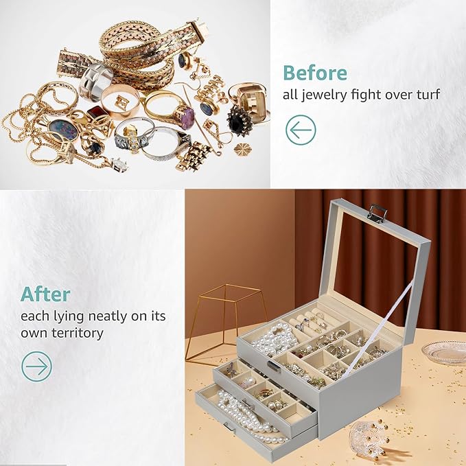 BOOVO Clear Lid Jewelry Box,3 Layers Jewelry Organizer Large Jewelry Storage Box with 2 Drawers,Jewelry Holder Organzier of Rings Earrings Necklace Bracelets for Women (Grey, 3 Layer) - Image 5