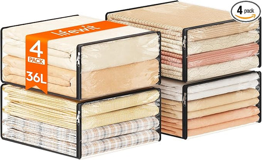 Lifewit 36L Clear Sheet Storage Bags with Zipper 4 Pack, Plastic Sweater Storage Bins for Clothing, Vinyl Foldable Clothes Containers Organizers for Closet, Blankets, Bedding 17.7 x 15.7 x 7.9 Inch by Lifewit