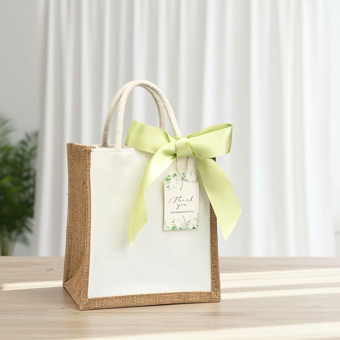 10 Pack Small Burlap Gift Bags with Light Green Ribbons for Bridesmaid, Wedding Welcome Reusable Jute Tote - Image 4