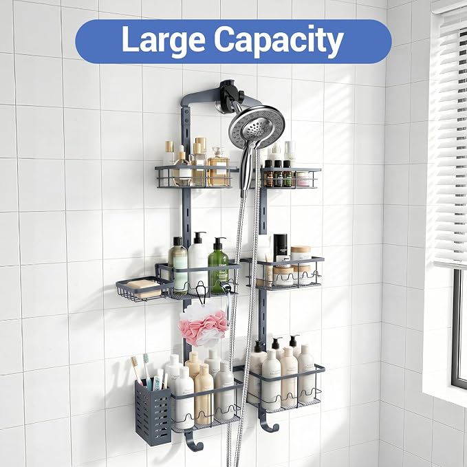 Extra Large Shower Caddy Hanging, Rust-Resistant Shower Organizer Hanging,3 Tier Height-Adjustable Over the Head Caddy,Rack with Soap Basket (Gray) - Image 2