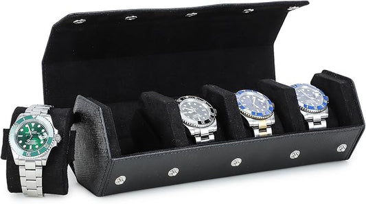 Hiram Genuine Leather Saffiano Leather Watch Roll Travel Case, Leather 4-Watches Roll Case for Treasured Watches and Bracelets(Black) by Hiram