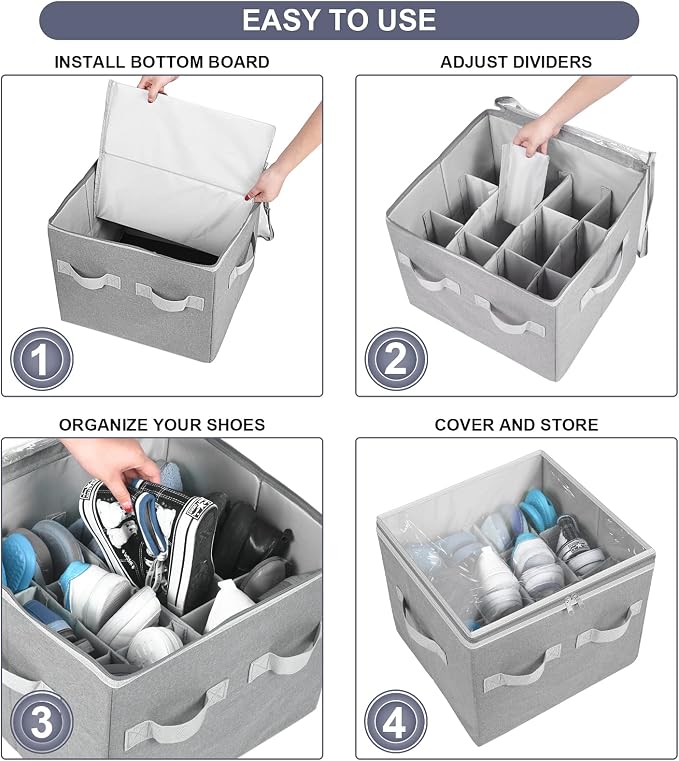 Moteph Shoe Organizer Closet Storage Solution with Clear Cover & Adjustable Dividers for Shoes, Handbags, Blankets, Linen, Clothing (Grey, Small - 12 Pairs) - Image 3