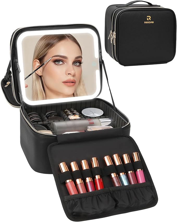 Chomeiu Makeup Bag with LED Mirror, 2 Layer Travel Makeup Case for Women and Makeup Artists Cosmetic Organizer Large Make Up Bags, 3 Color Lights, Adjustable Dividers and Brush Holder by Chomeiu