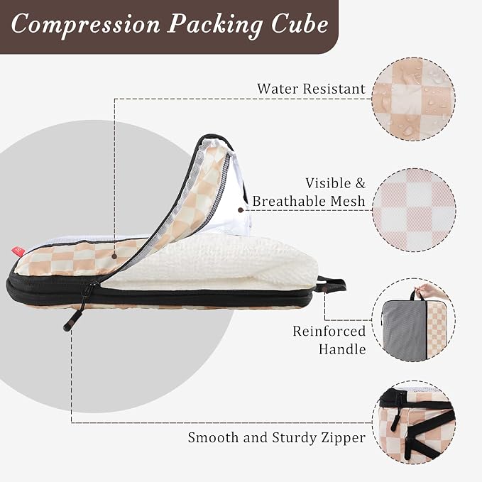 U+U 6 Set Compression Packing Cubes - Ultralight Travel Organizers with Laundry Bag, Space-Saving Suitcase Organizer for Travel, Business Trip and Family Vacation (Khaki Checkered) - Image 2