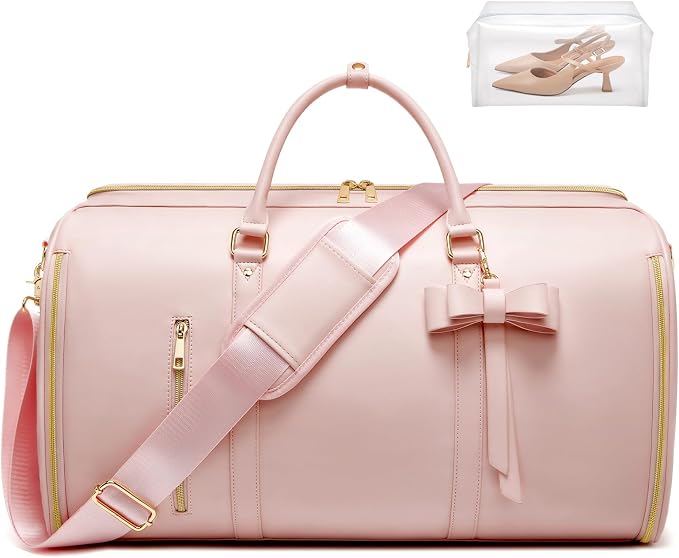 Garment Bags for Travel, Convertible Suit Travel Bag for Women, Fashion & Cute Carry On Garment Bag w/Shoes Pouch, 2 in 1 Foldable PU Leather Hanging Duffle Bag, Single-Zipper Design, Pink by STHMEOOHT