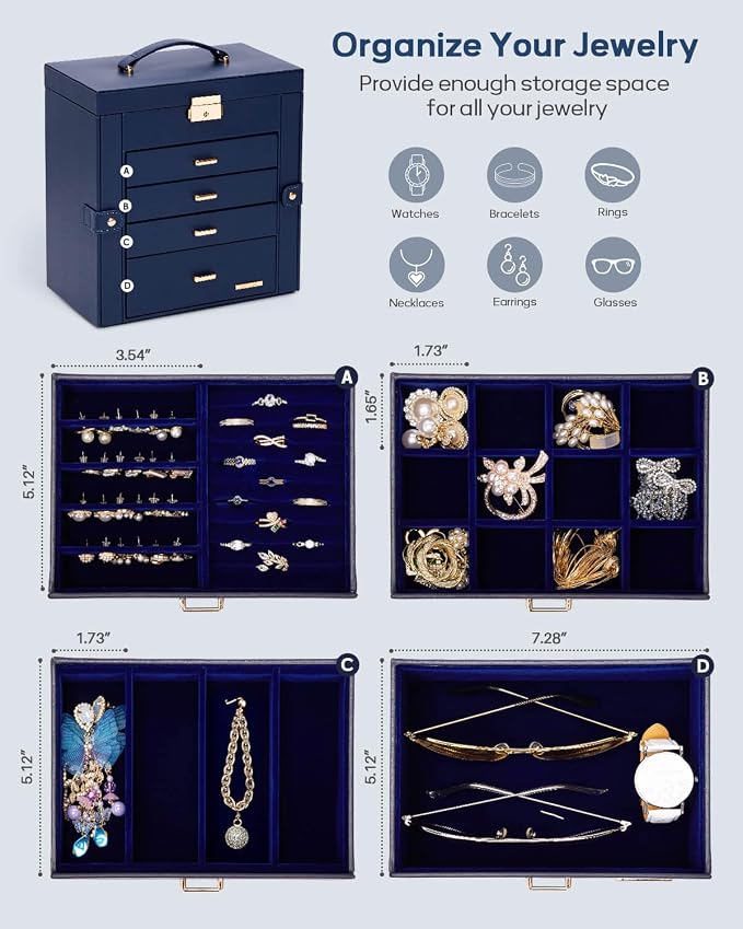 Homde Synthetic Leather Huge Jewelry Box Mirrored Watch Organizer Necklace Ring Earring Storage Lockable Gift Case (Dark Blue + Gold) - Image 3