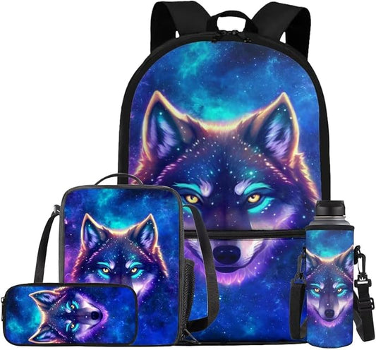 Galaxy Wolf Backpack for Girls Kids Backpack with Lunch Box Water Bottle Holder and Aesthetic Pencil Case 4PCS Set Bookbag with Front Pocket for School 17 inch Soft School Bag with Side Pocket by ELEDIZI