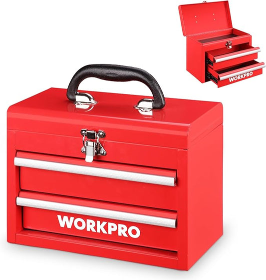 WORKPRO Portable Mini Metal Tool Box with 2 Drawers | Metal Tool Chest, Ball Bearing Slides, Top Storage, Latch Handle, PVC Drawer Liners, PP Feet Pads by WORKPRO