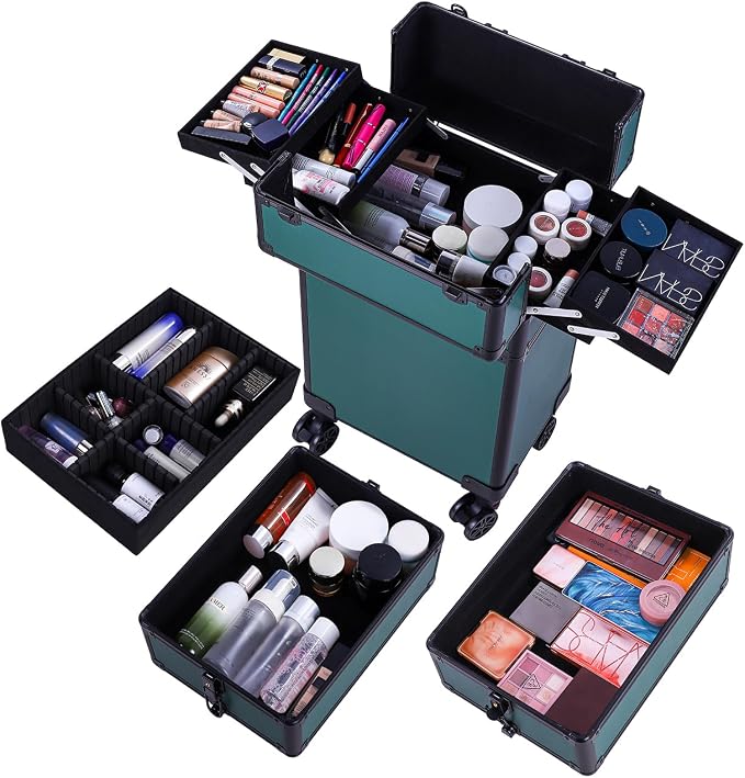 Karl home 4 in 1 Makeup Train Case Rolling Cosmetic Trolley Large Capacity Travel Organizer with Key 360°Swivel Wheels Suitcase for Beauticians Hairstylists Nail Tech Students,Dark Green - Image 3