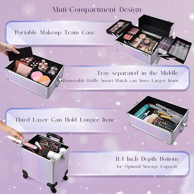 Stagiant Rolling Makeup Case Cosmetology Case on Wheels 4 in 1 Makeup Travel Case Extra Large Cosmetic Box with Key Make Up Artist Traveling Storage Nail Case Salon Barber Cart Trunk Pinkish Purple - Image 2