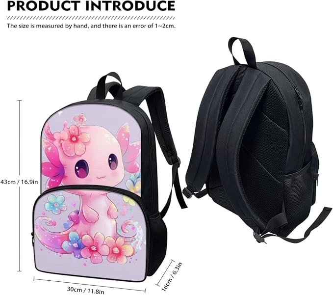 Axolotl Backpack for Girls 9-10 with Lunch Box Primary School Bag and Lunch Bag Set 3 Piece Cute Book Bags for Middle School Lunchbox Pencil Case - Image 2