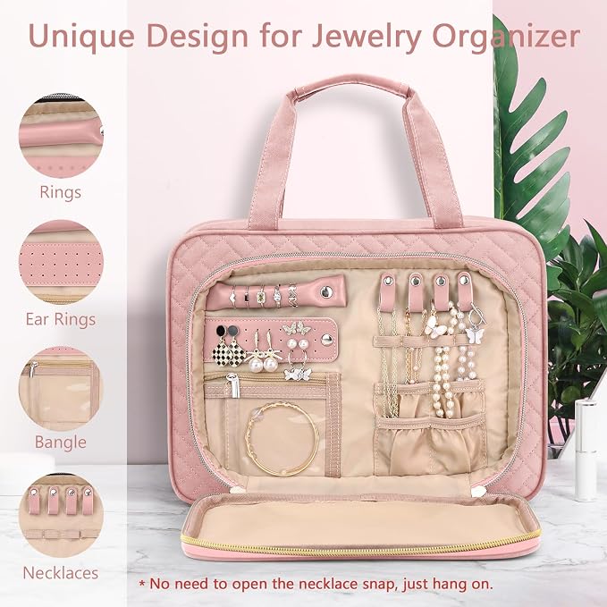 Wedama Toiletry Bag for Women, Hanging Travel Toiletry Bag with Jewelry Organizer Compartment Large Makeup Bag, PVC Waterproof Cosmetic Travel Bag for Travel Business Trips Camping Bathroom, Pink - Image 2