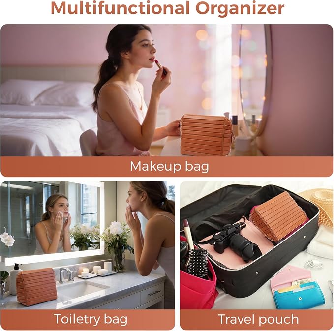 Travel Makeup Organizer Bag with Fold-Down Design and Adjustable Dividers, 27 Pockets & 3 Brush Storage Holders, Large Capacity Cosmetic Bags Toiletry Case - Brown - Image 6